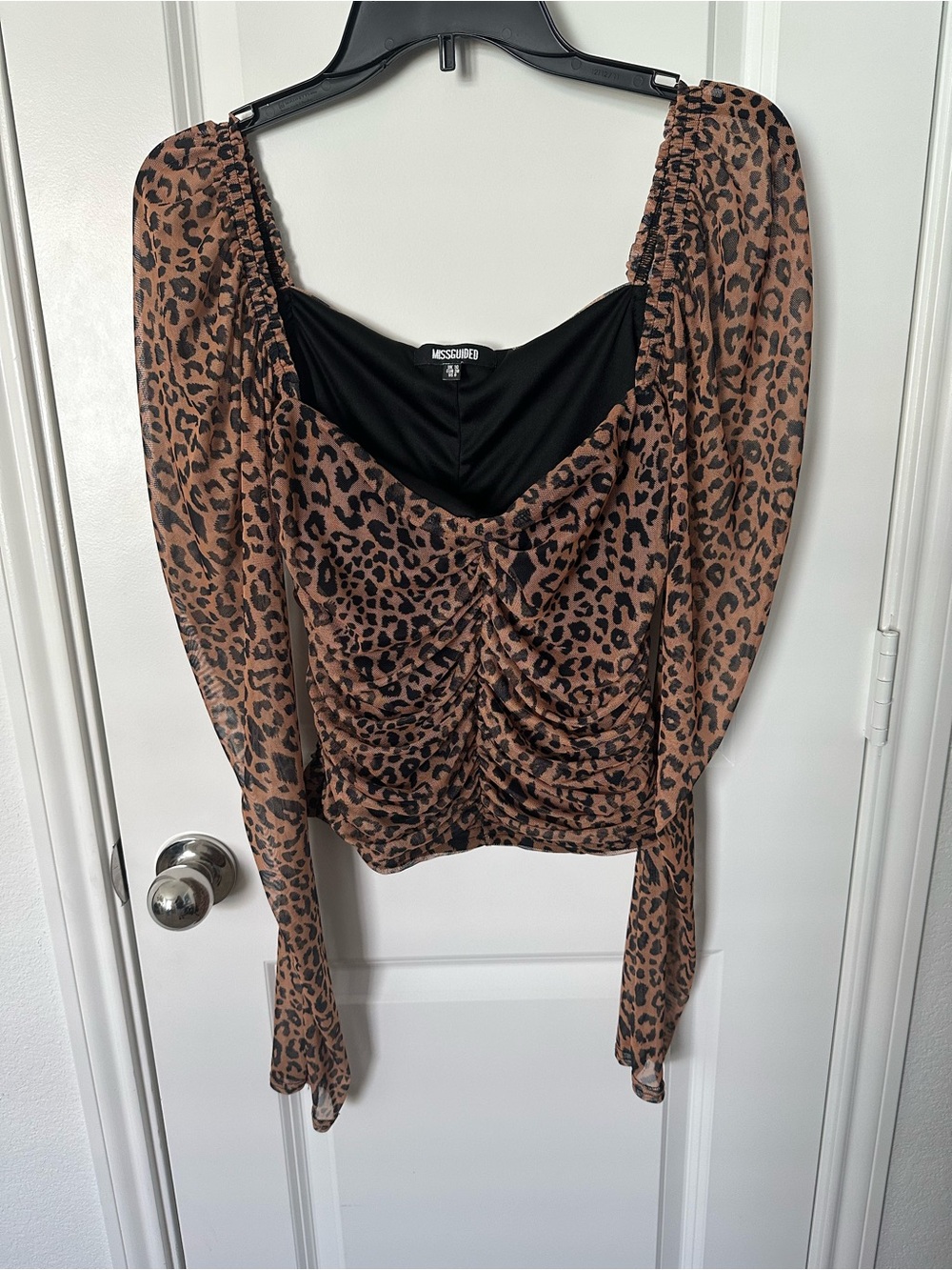 Missguided Brown & Black Leopard Ruched Square Neck Blouse